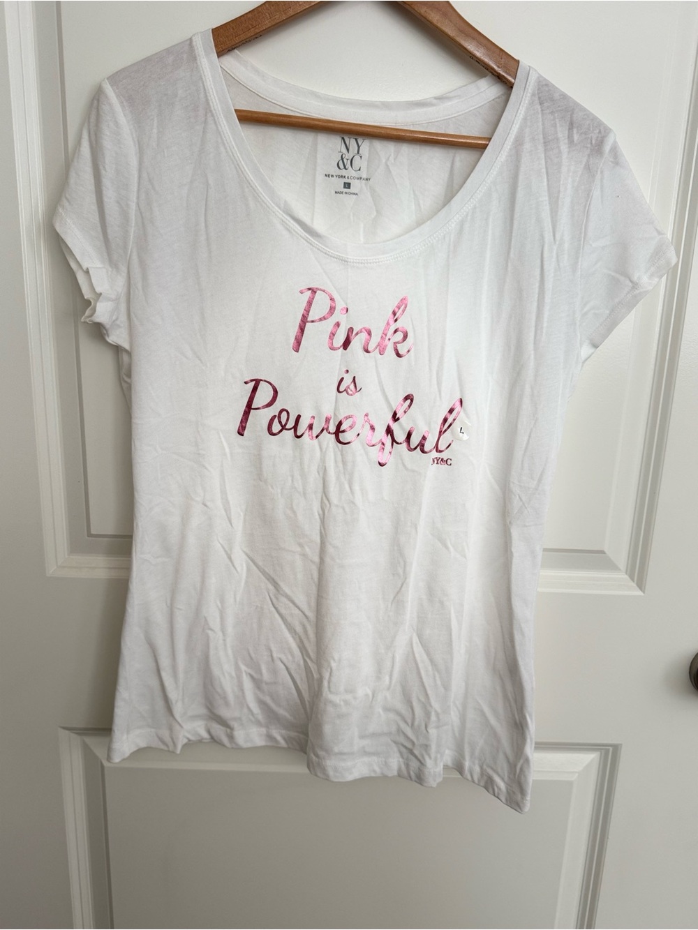 New York & Company White Tee with Pink 'Pink is Powerful' Script